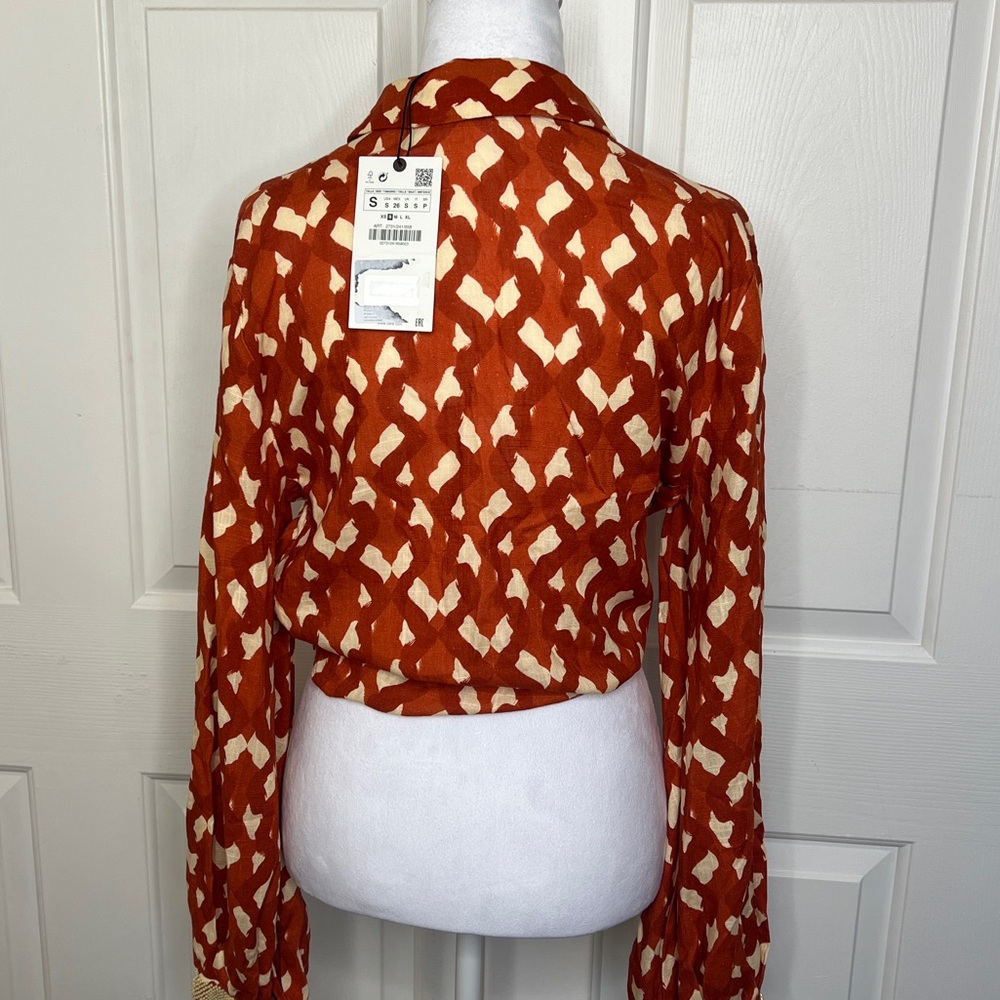 NWT Zara Linen Blend Printed Twisted Wrap Crop Top in Terracotta and Cream - Picture 4 of 8